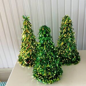 Green & Gold 3 Tabletop Tinsel Christmas Trees With Plastic Cone Shaped Inner.